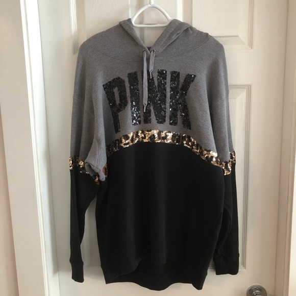 PINK Victoria’s Secret Gray Black Hoodie with Sequin Leopard Detailing Size L - Picture 1 of 4